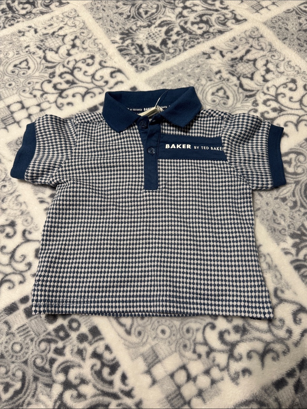 Ted Baker Navy and White Houndstooth Polo Shirt - Kids